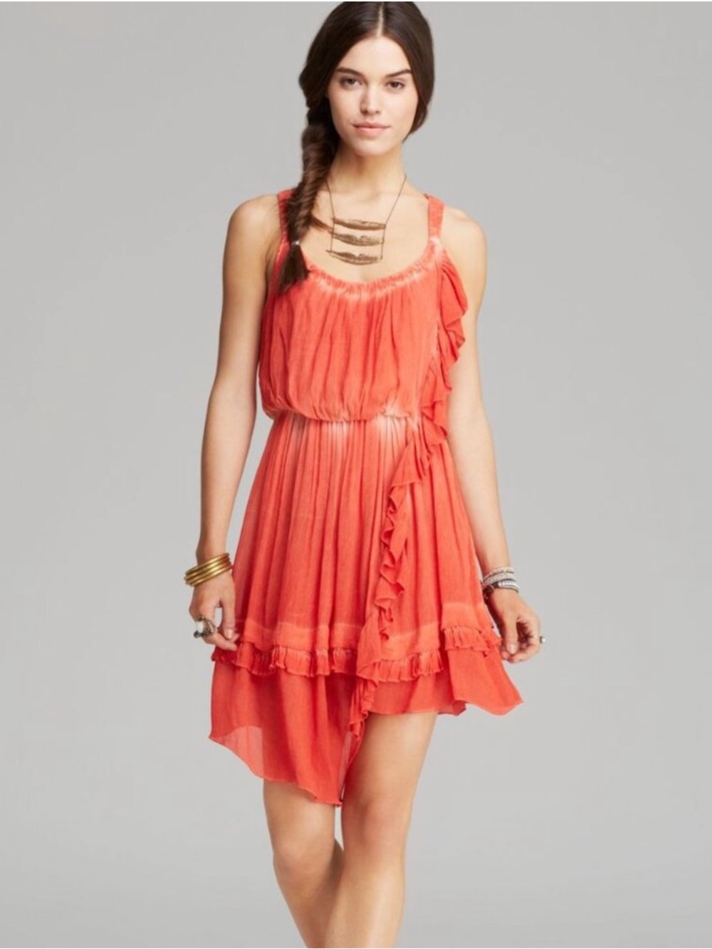 FREE PEOPLE “Aphrodite” Ruffle Tie-Dye Dress in Coral, Size XS